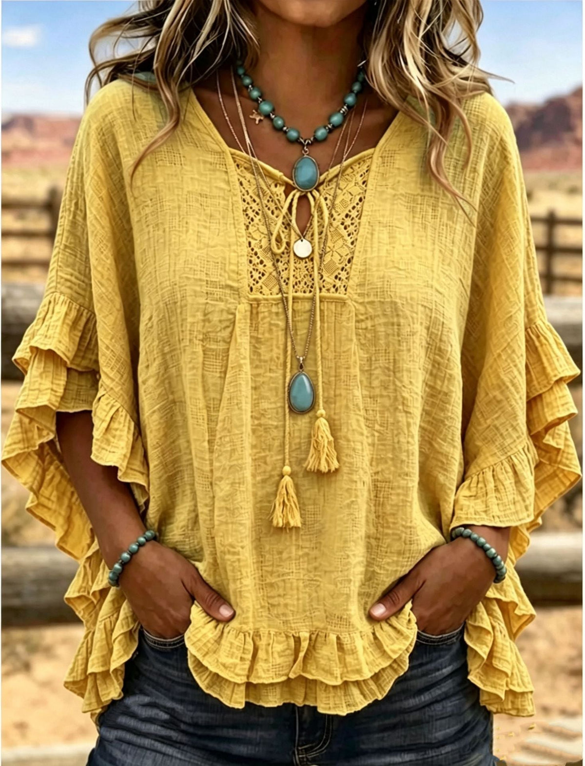Women's Boho V-Neck Lace-Up Ruffle Sleeve Blouse – Lace Trim