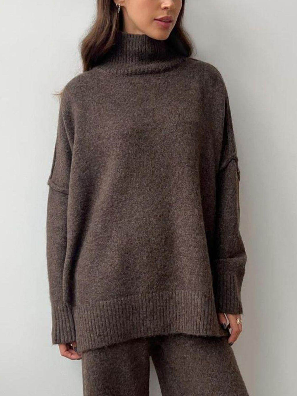 Slit Turtleneck Long Sleeve Top and Pants Sweater Set Outfit