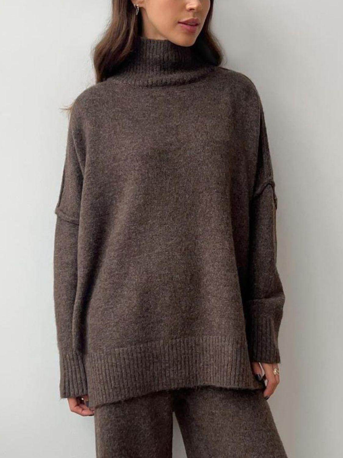 Slit Turtleneck Long Sleeve Top and Pants Sweater Set Outfit