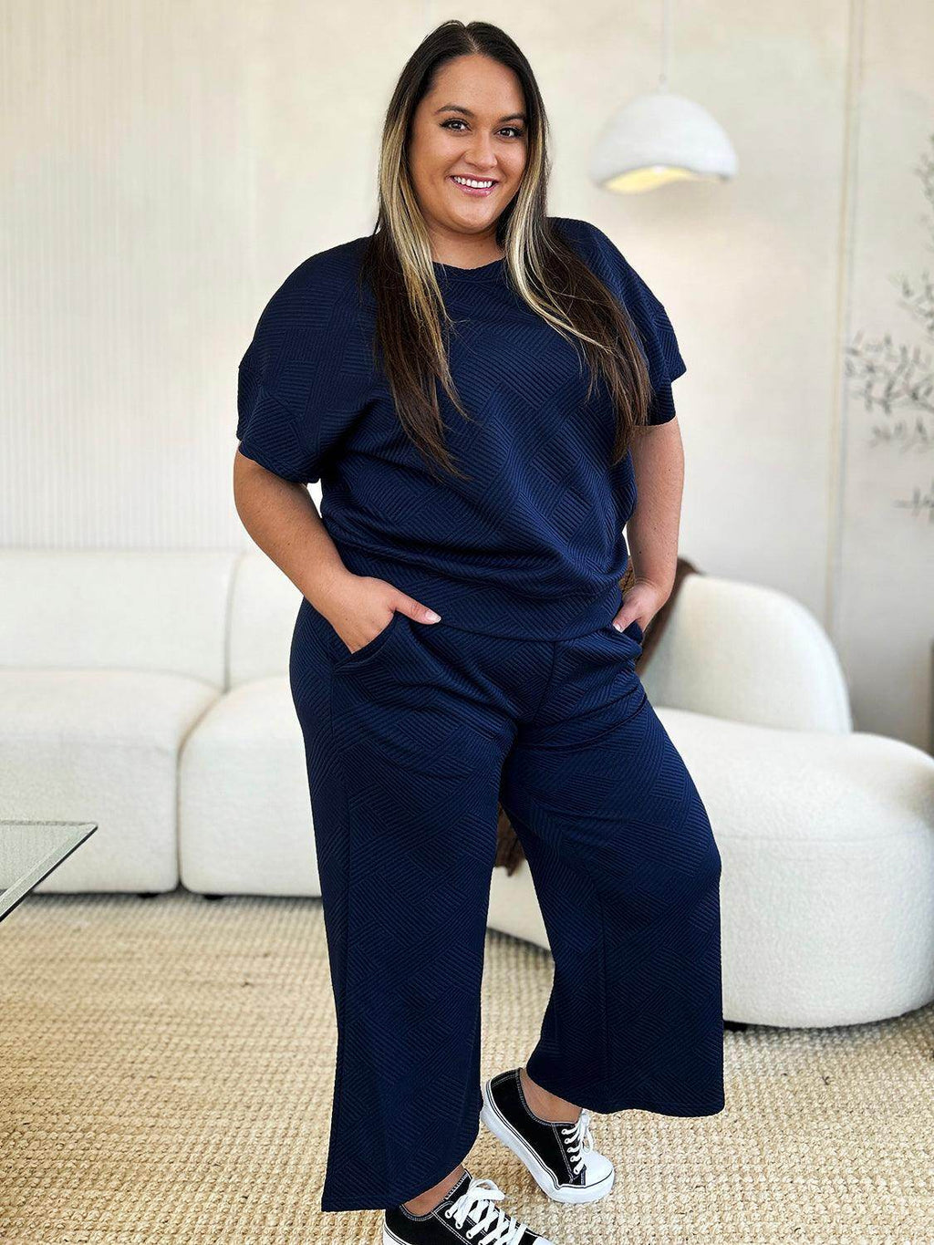 Double Take Full Size Texture Top and Pants Set for Women