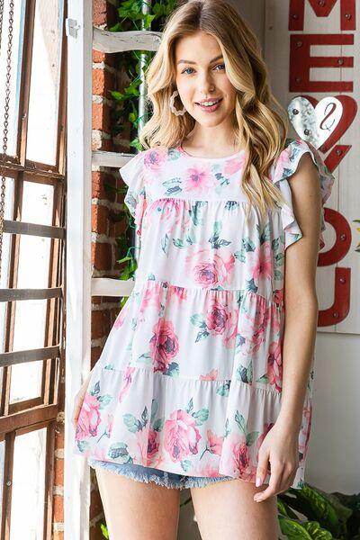 Heimish Full Size Butterfly Short Sleeve Floral Tiered Top