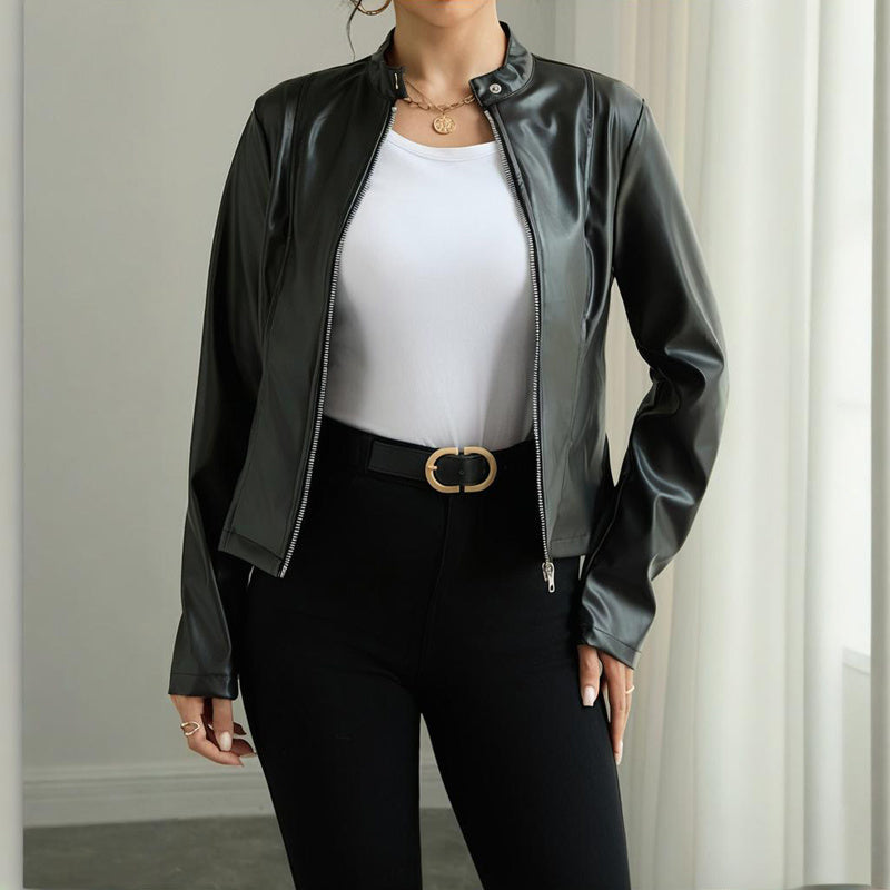 Women's Solid Color Long Sleeve Stand Collar Faux Leather Blazer