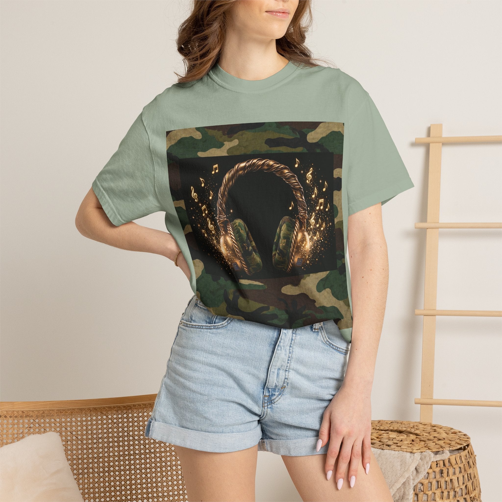Camo Headphones Tee — Gold Spark DJ Music Graphic T-Shirt