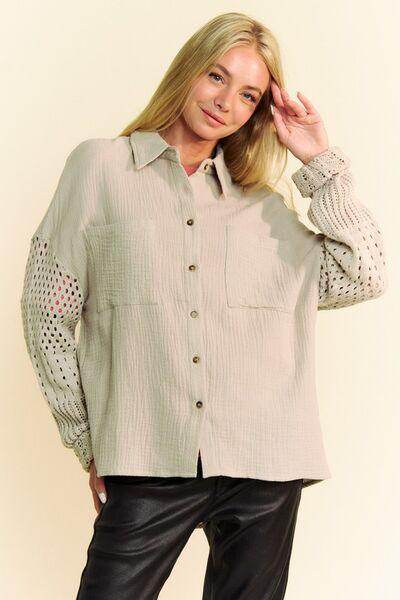 Davi & Dani Crochet Sleeve Crinkled Texture Shirt for Women