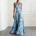 Tulip Print V-Neck Sleeveless Maxi Dress – Floral Chiffon