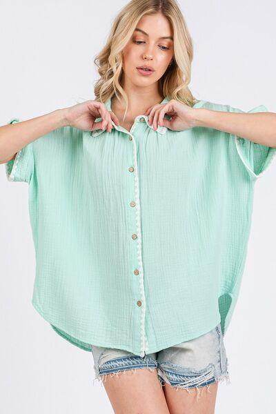SAGE+FIG Boho Contrast Zigzag Trim Button-Up Shirt