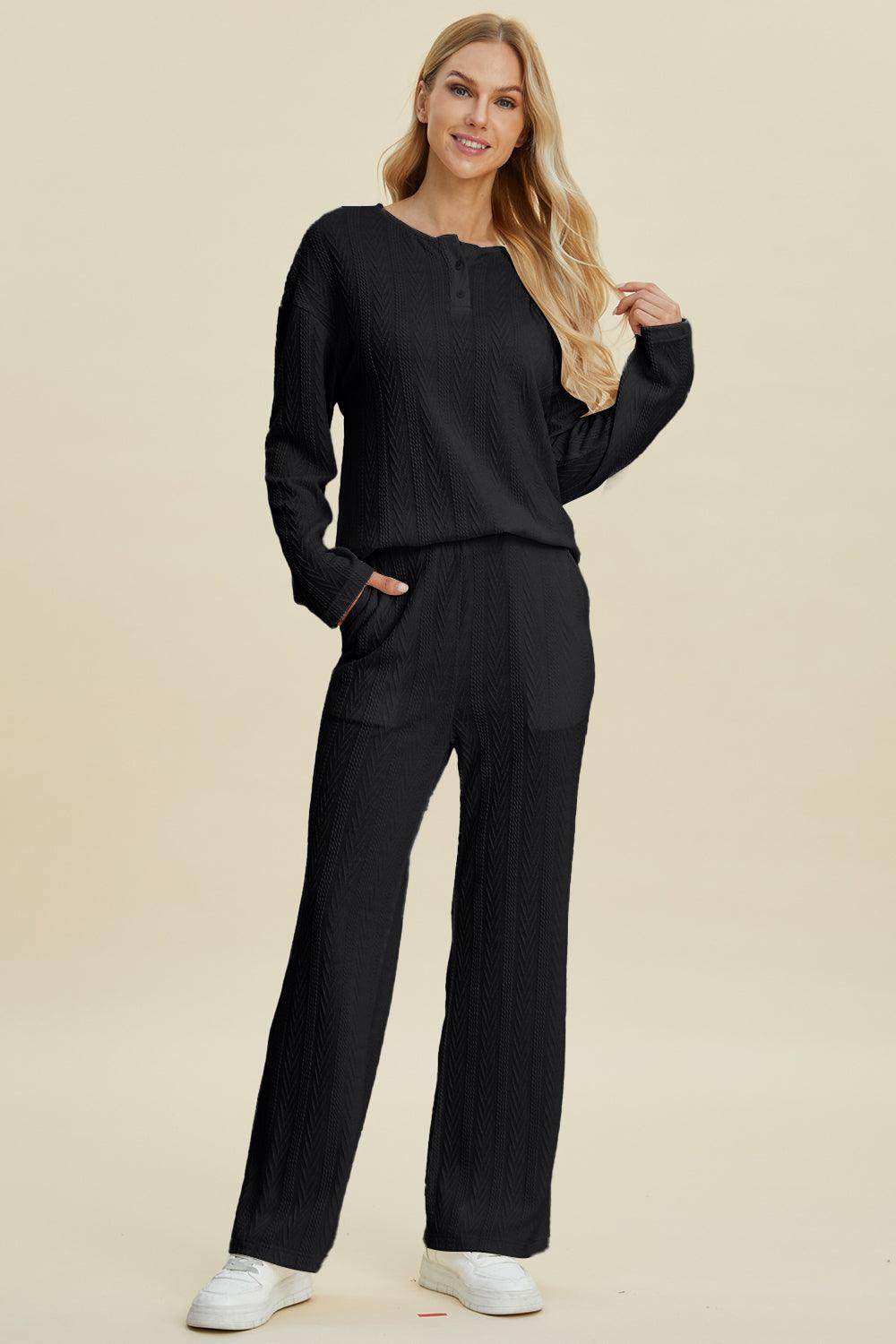 Double Take Full Size Cable-Knit Long Sleeve Top Pants Set