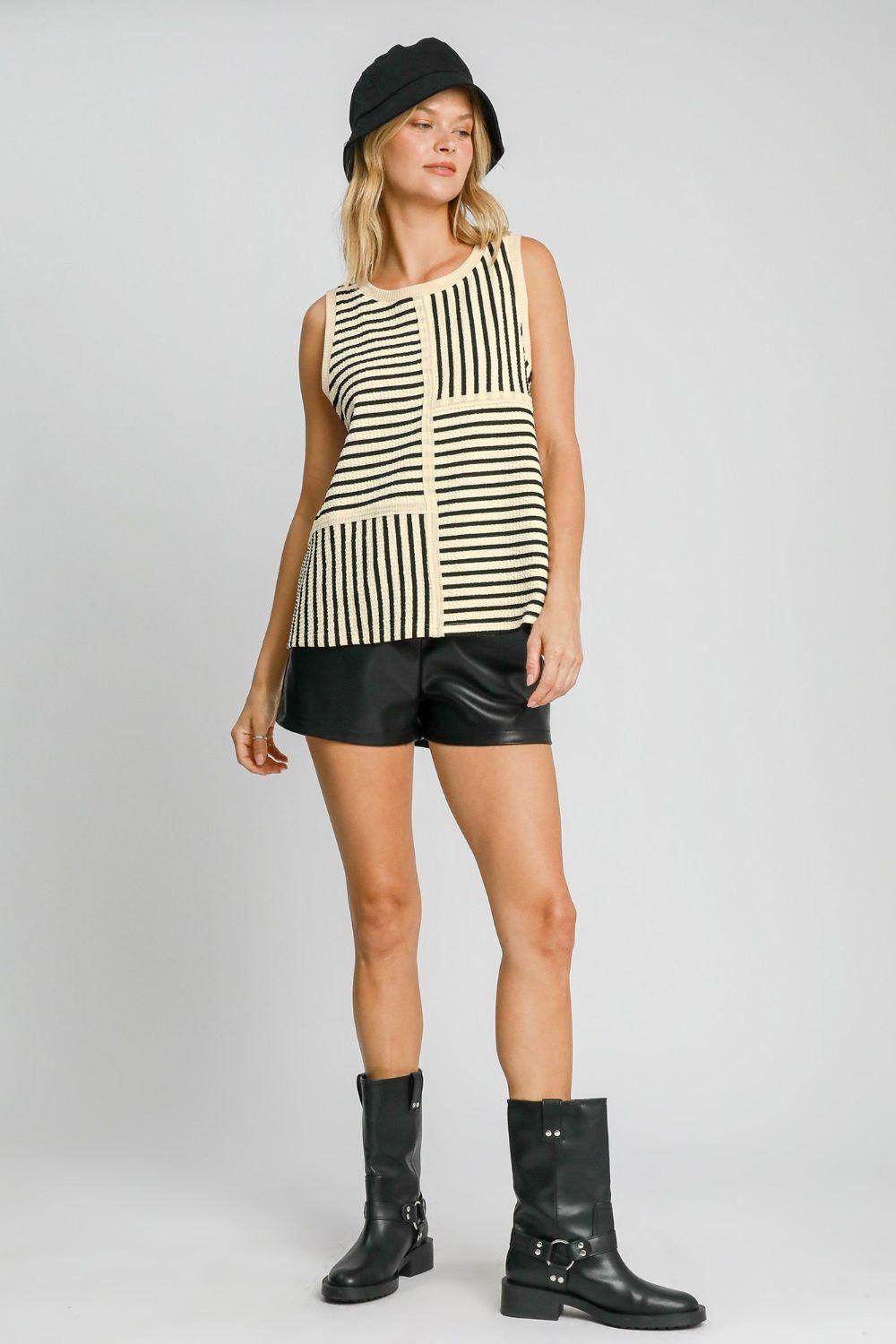 Umgee Round Neck Texture Striped Tank for Casual Style