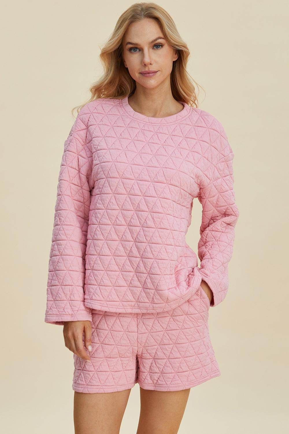 Double Take Full Size Texture Round Neck Long Sleeve Top and Shorts Set for Women