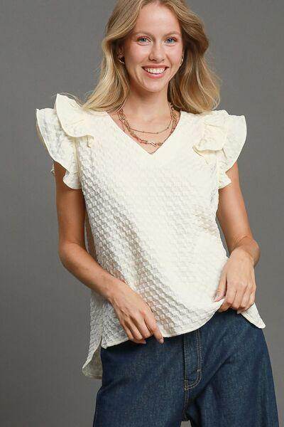 Umgee Full Size Textured Jacquard V-Neck Ruffle Blouse