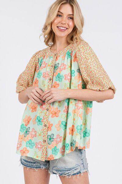 SAGE+FIG Button Down Bubble Sleeves Shirt for Women