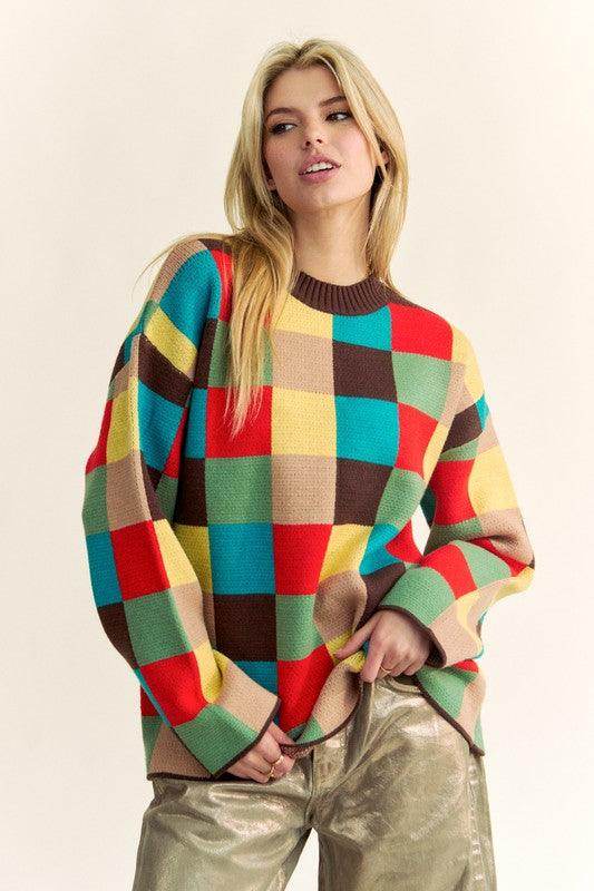 Davi & Dani Color Block Checkered Dropped Shoulder Sweater