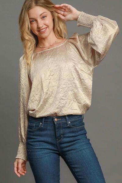 Umgee Wrinkled Round Neck Lantern Sleeve Blouse for Women