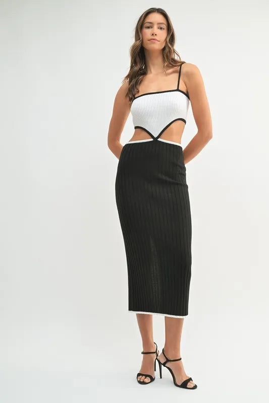 MABLE Ribbed Knit Color Block Cutout Midi Dress