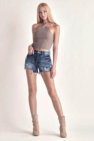 RISEN Mid Rise Raw Hem Denim Shorts for Women Summer Wear