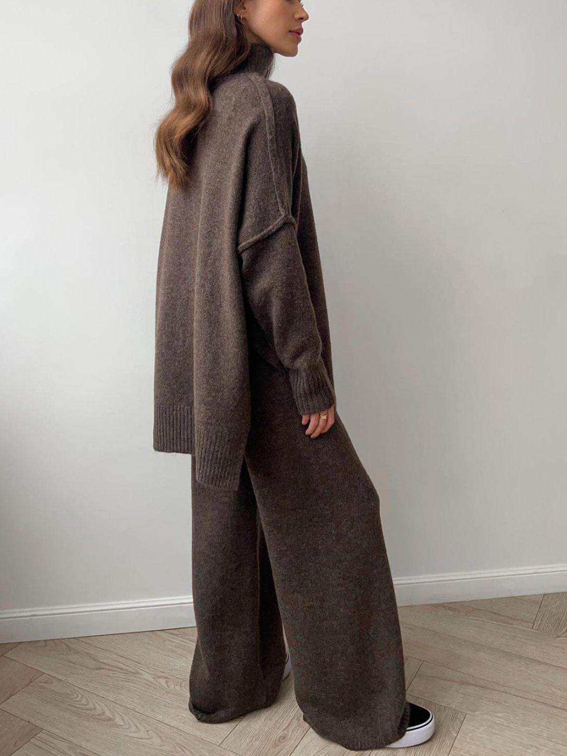 Slit Turtleneck Long Sleeve Top and Pants Sweater Set Outfit