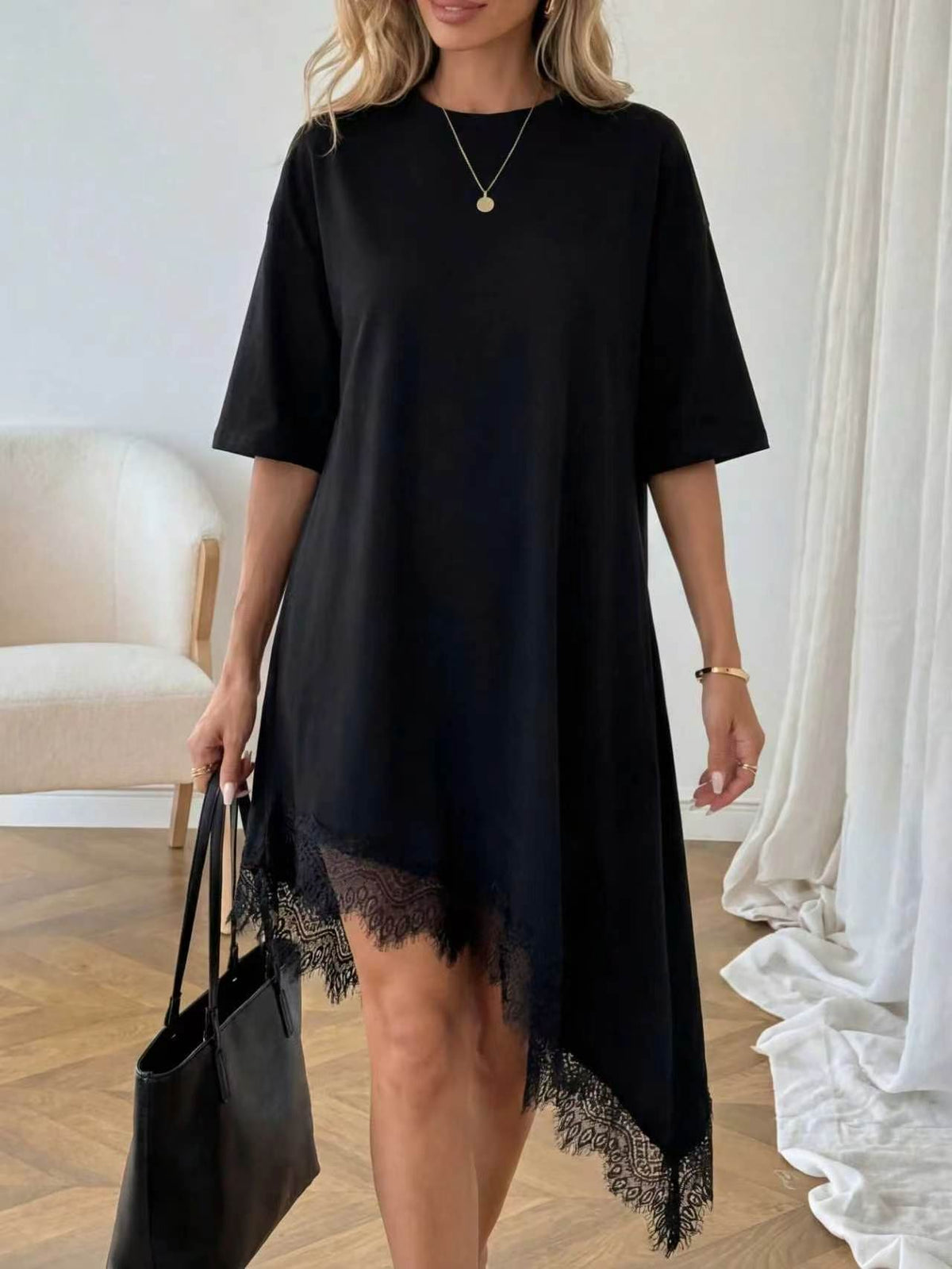 Women's Lace Trim Asymmetric Three-Quarter Sleeve Dress