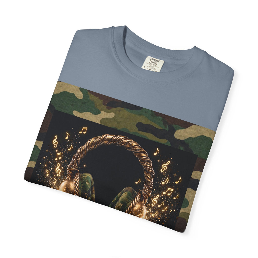 Camo Headphones Tee — Gold Spark DJ Music Graphic T-Shirt