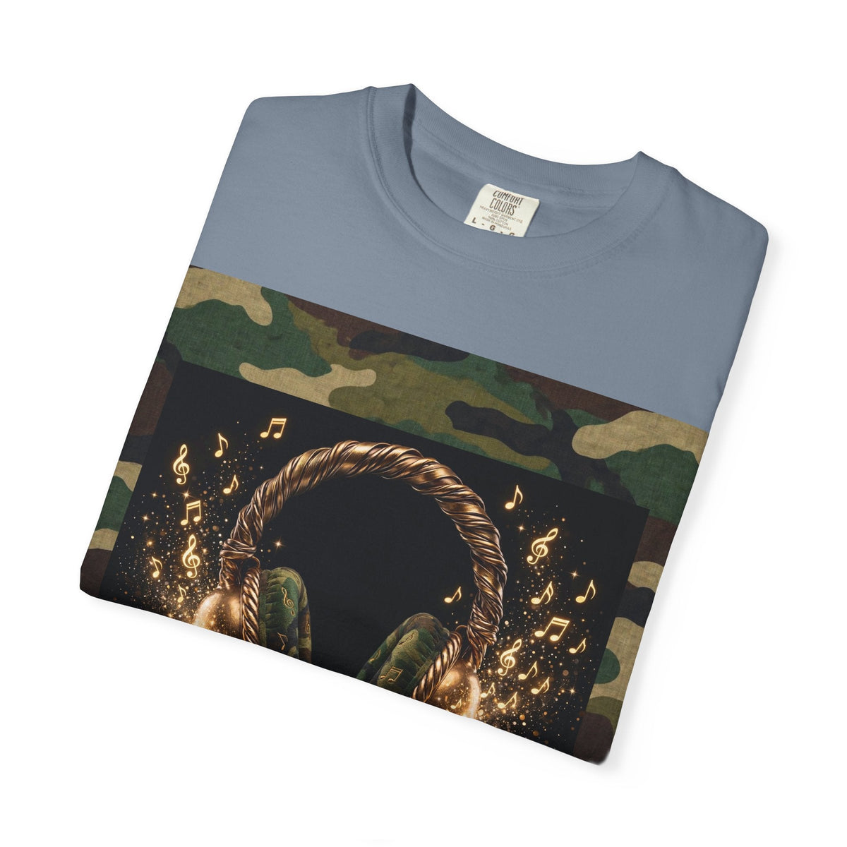 Camo Headphones Tee — Gold Spark DJ Music Graphic T-Shirt