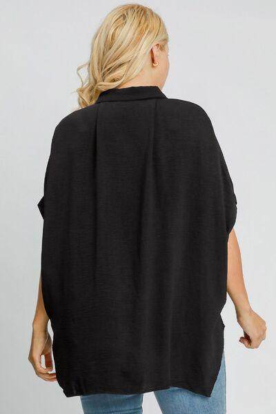 Umgee Full Size High-Low Button Up Short Sleeve Shirt Fashion