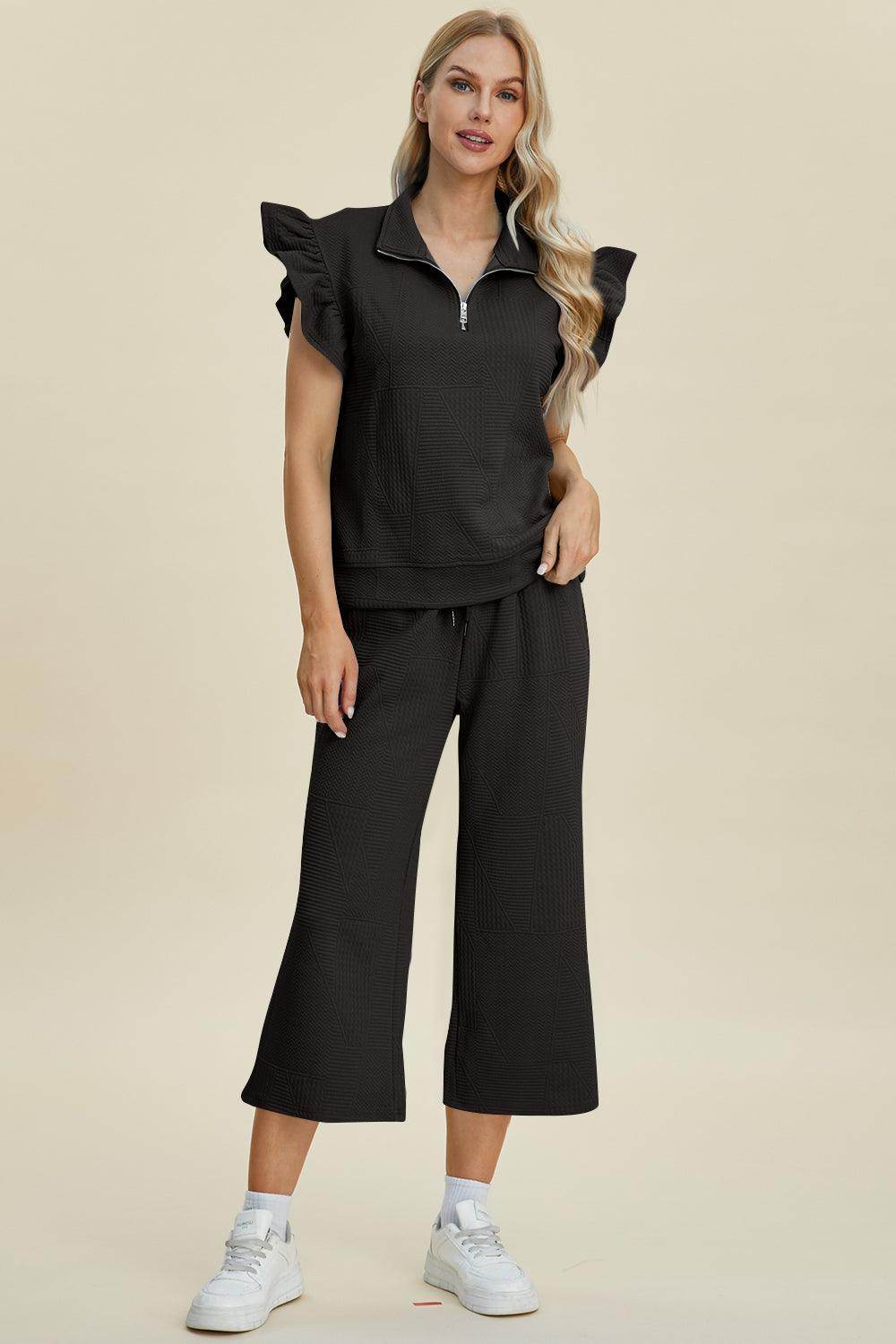 Double Take Full Size Texture Ruffle Top and Pants Set