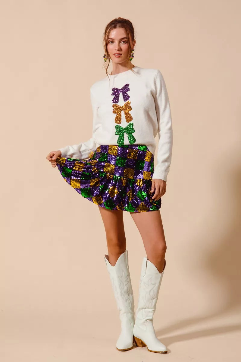 SO ME Mardi Gras Checker Sequins Mini Skirt
