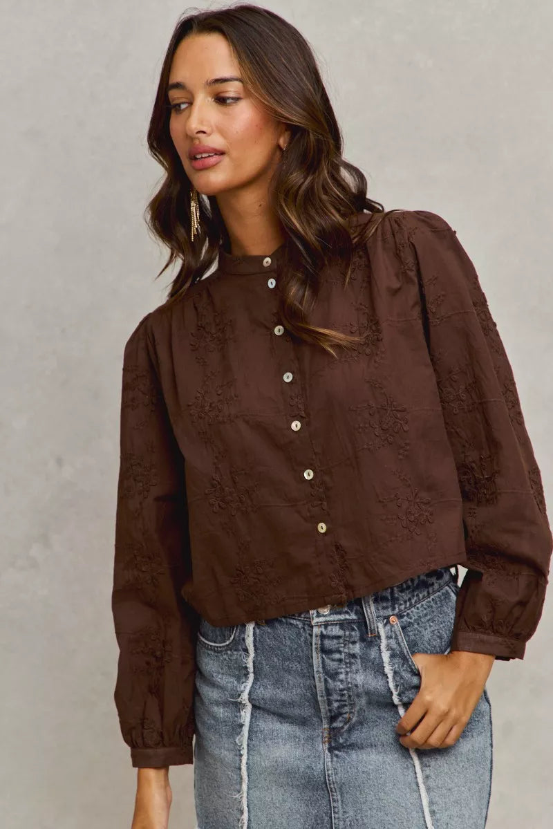 SO ME 3d Floral Woven Long Sleeve Front Button Shirt