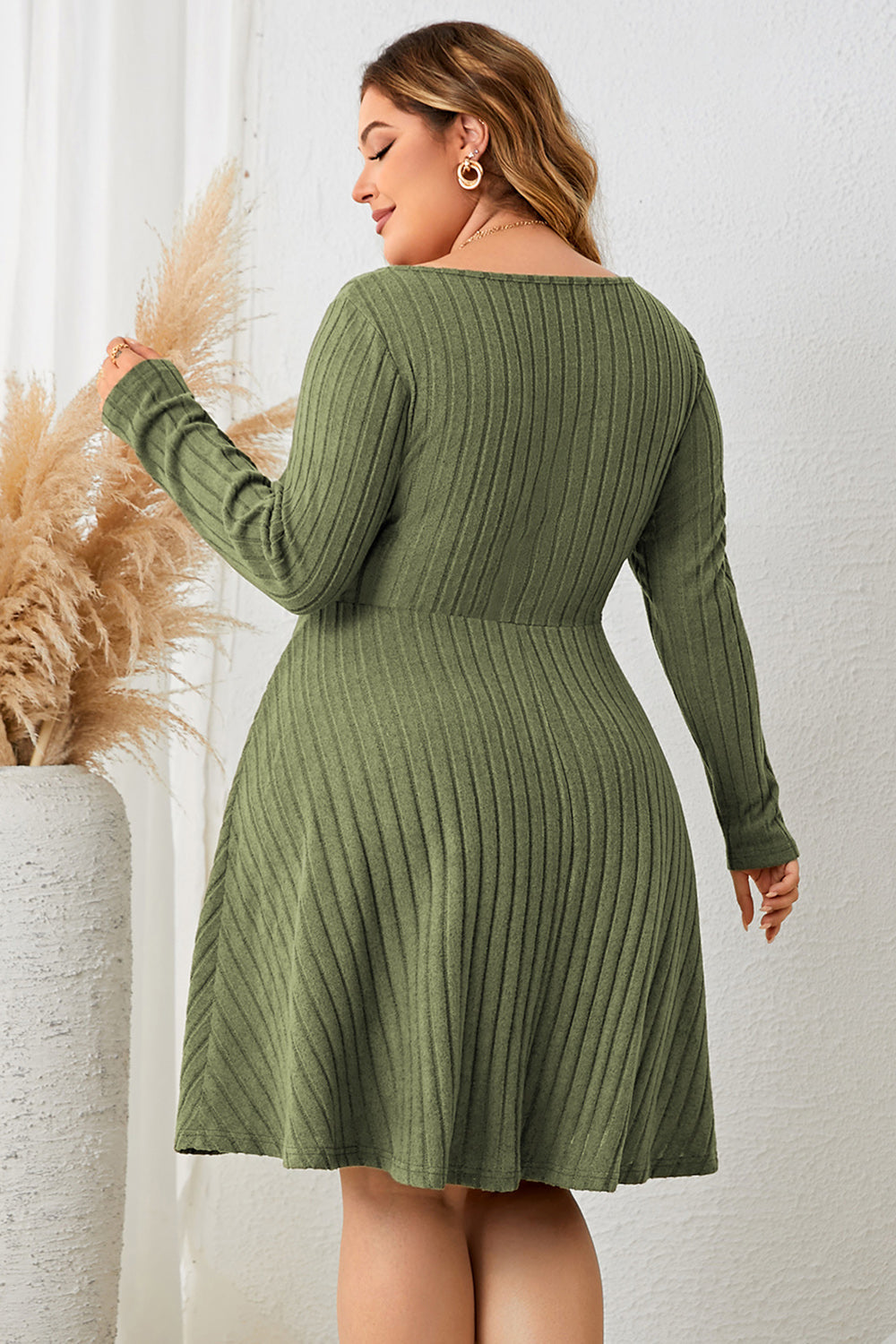 Honey Sweetheart Neck Long Sleeve Ribbed Dress