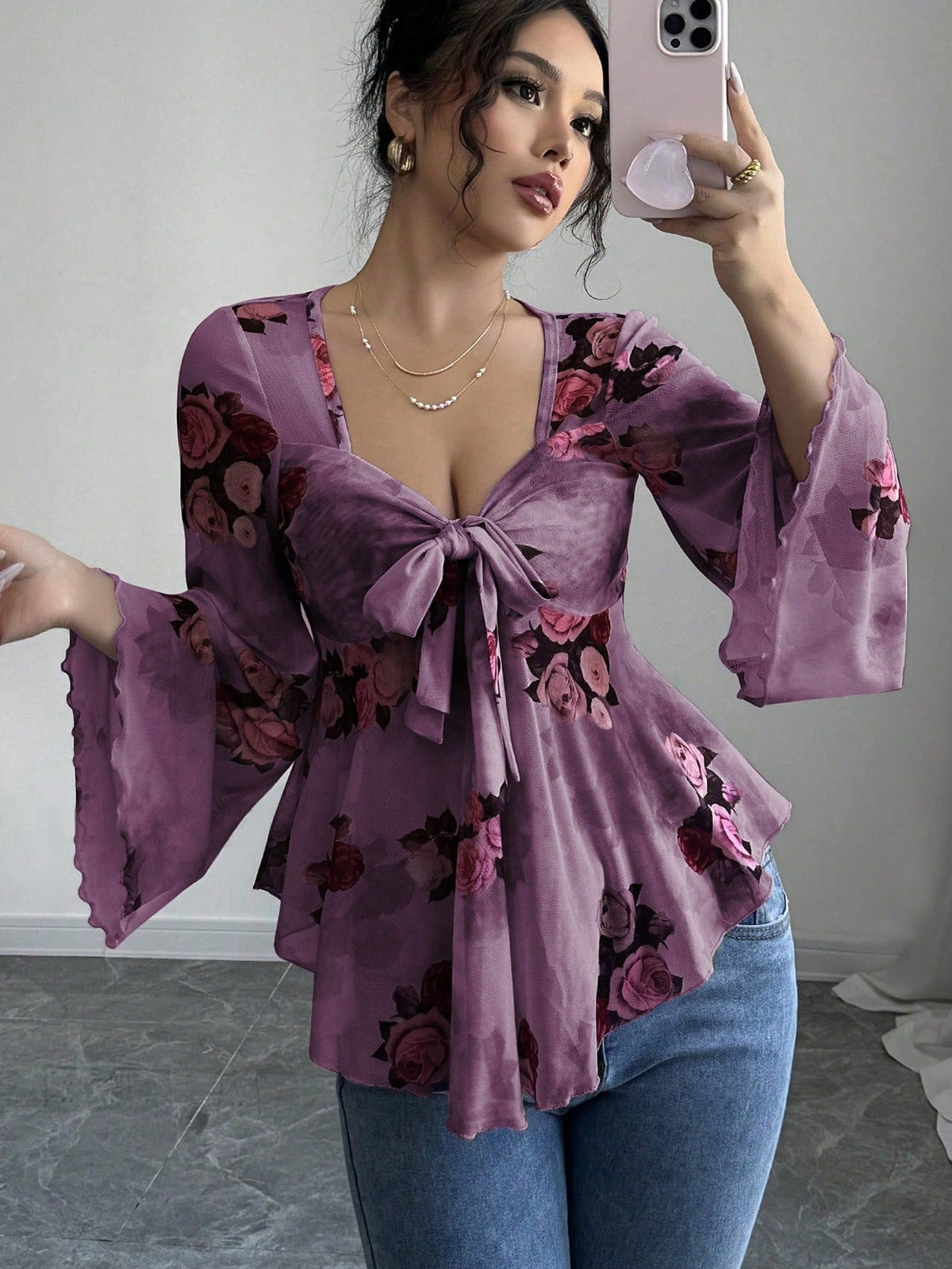 Floral Ombré Tie-Back Square Neck Long Sleeve Blouse – Sweet Style
