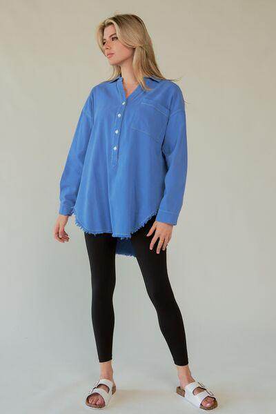 Davi & Dani Letter Back Raw Hem Half Button Shirt Chic