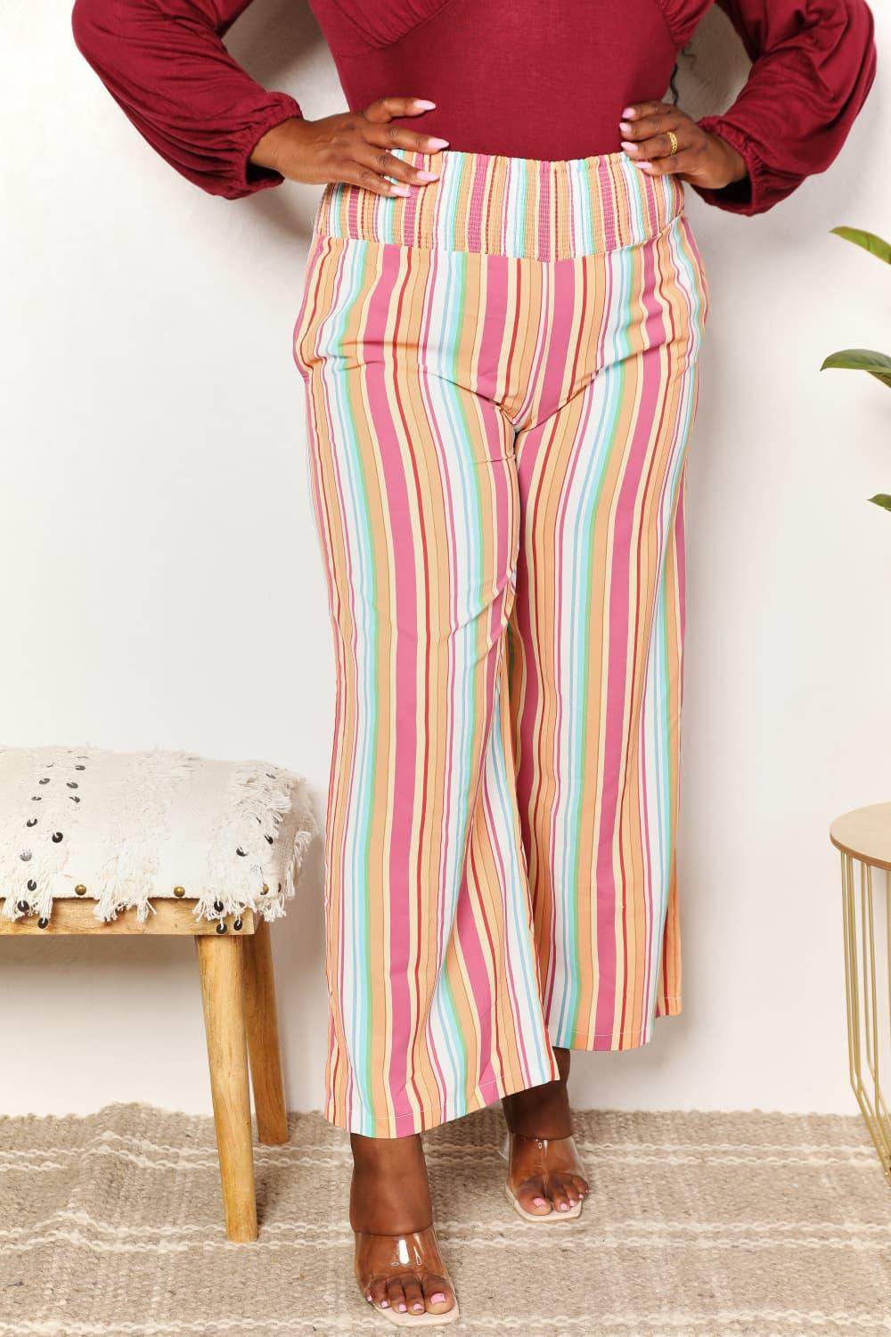 Double Take Striped Smocked Waist Pants with Pockets Stylish