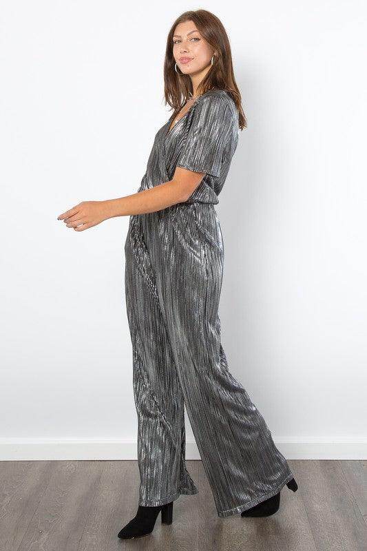 Be Stage Surplice Short Sleeve Pleated Foil Jumpsuit Stylish