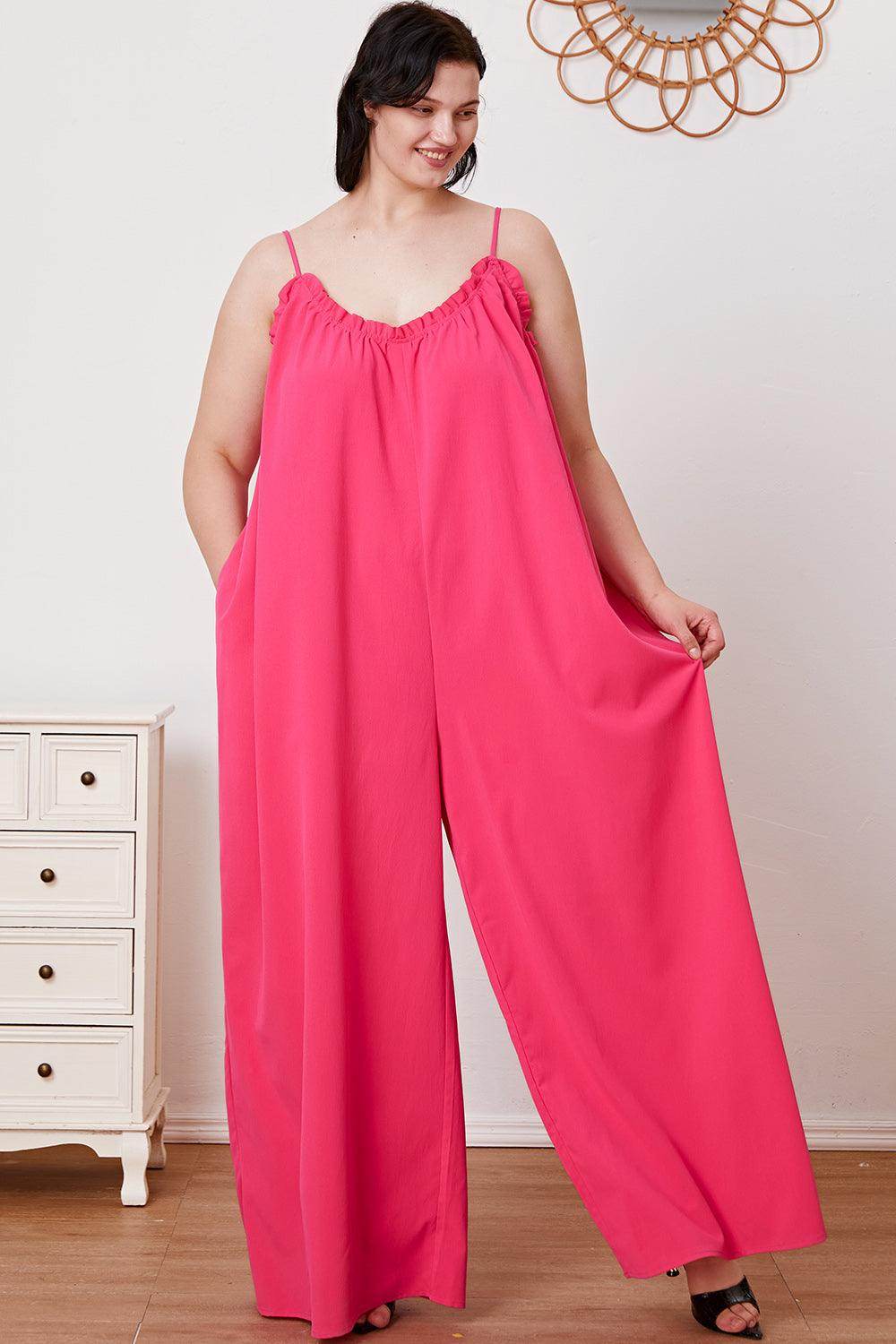 Double Take Full Size Ruffle Trim Tie Back Cami Jumpsuit