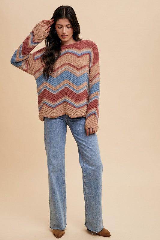 Annie Wear Multi Color Zig-Zag Round Neck Sweater for Women