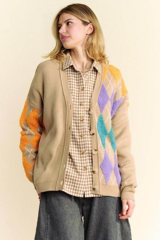 Davi & Dani Argyle V-Neck Dropped Shoulder Cardigan Style