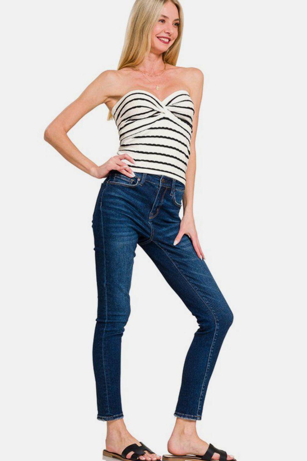 Zenana Twisted Sweetheart Neck Striped Tube Top for Women