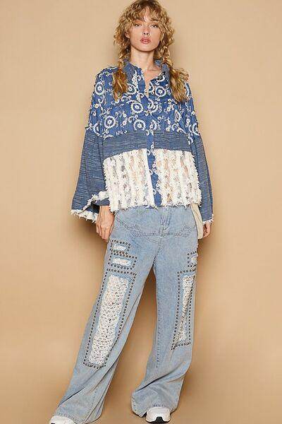 POL Lace Hem Embroidered Long Sleeve Shirt for Women