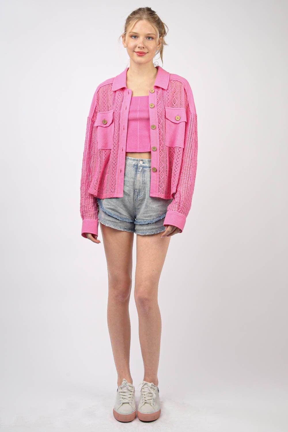 Very J Button Up Long Sleeve Lace Shirt for Women
