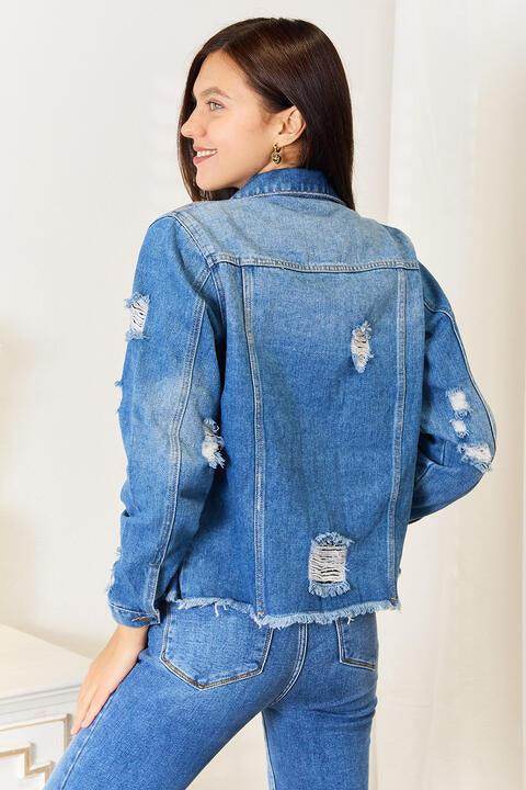 Baeful Leopard Floral Distressed Raw Hem Denim Jacket Women