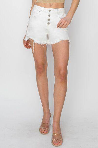 RISEN Button Fly Frayed Hem Denim Shorts for Women