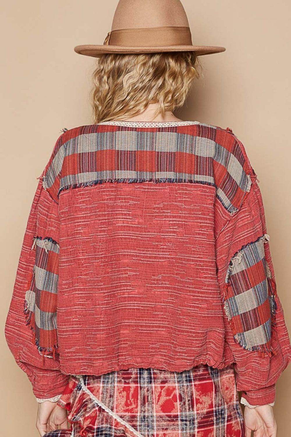 POL Round Neck Long Sleeve Plaid Shirt for Women Casual