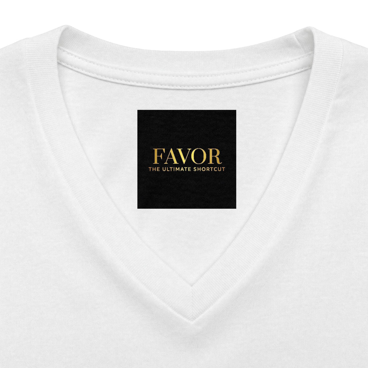 V-Neck Tee — 'Favor Heavens Favorite' Gold Script Graphic