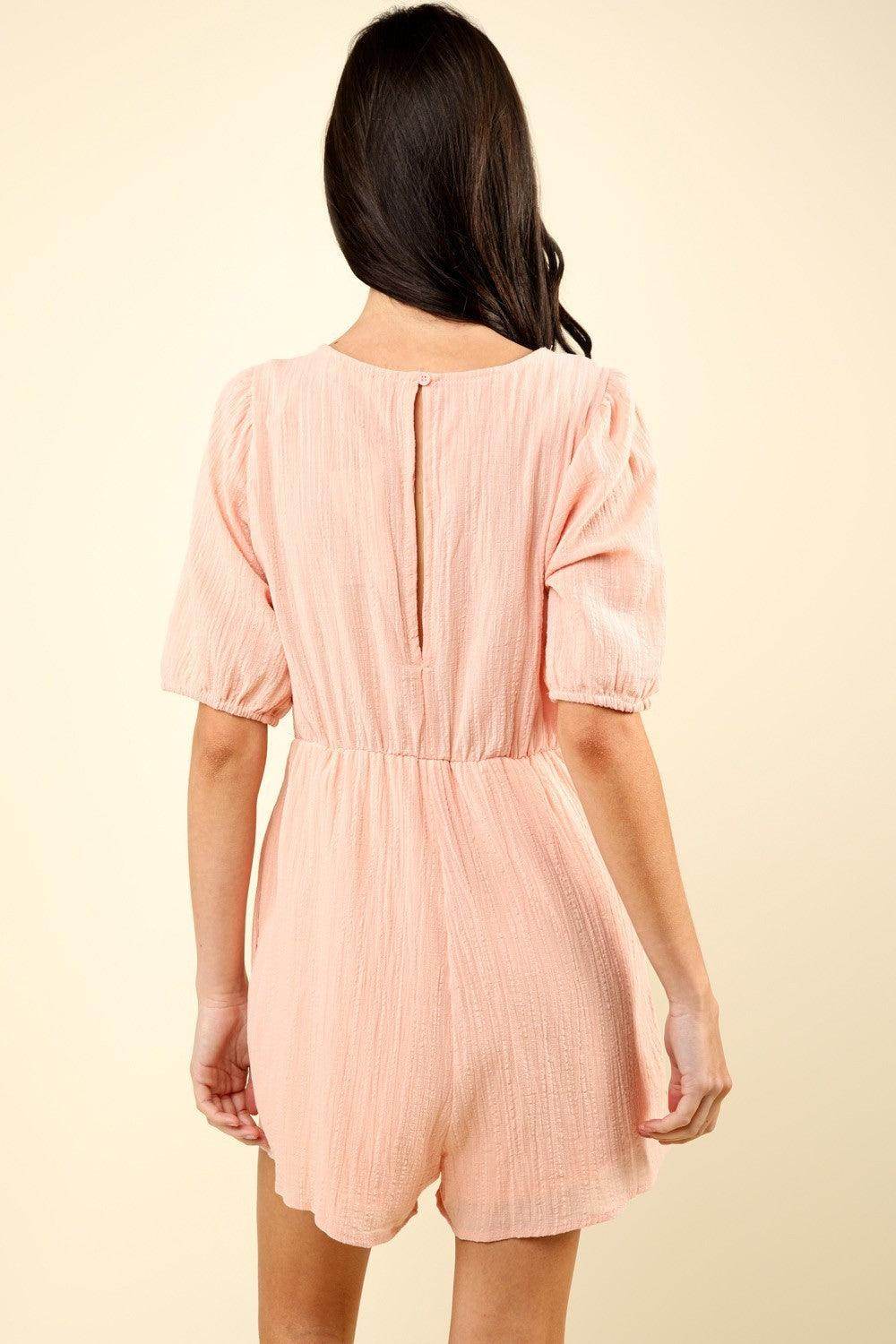 Very J Lace Detail Puff Sleeve Romper with Pockets