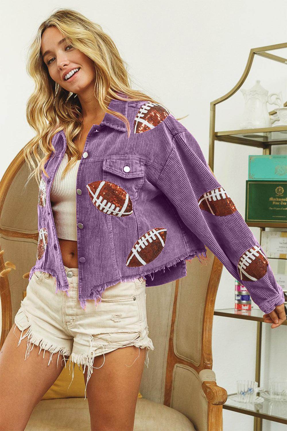 BiBi Football Sequin Embroidery Washed Corduroy Jacket for Trendy Style
