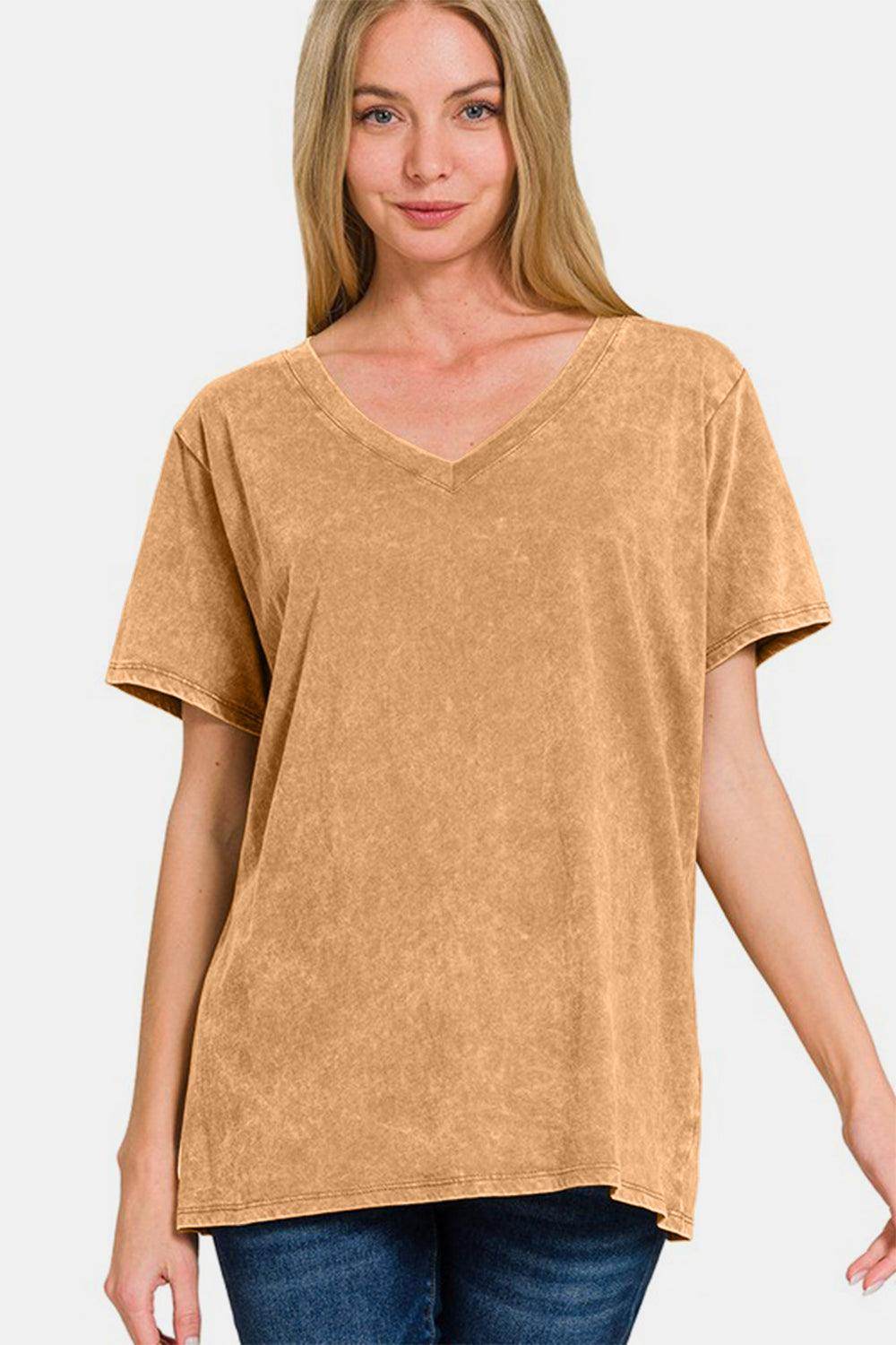 Zenana Full Size Washed Short Sleeve V-Neck T-Shirt for Women
