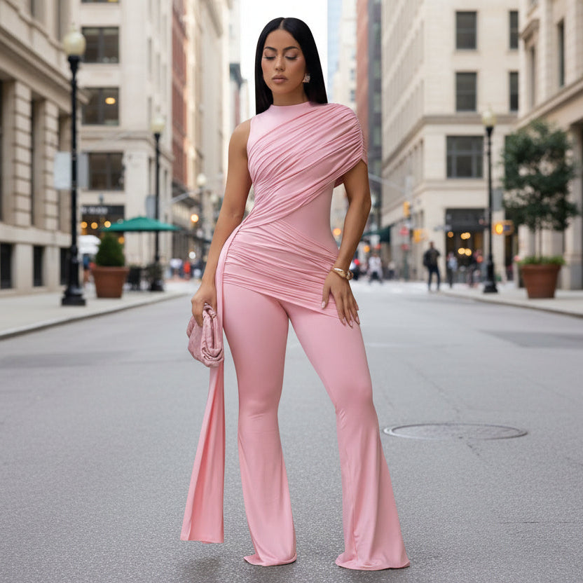 Women's Crew-Neck Pleated Ribbon Flare Jumpsuit