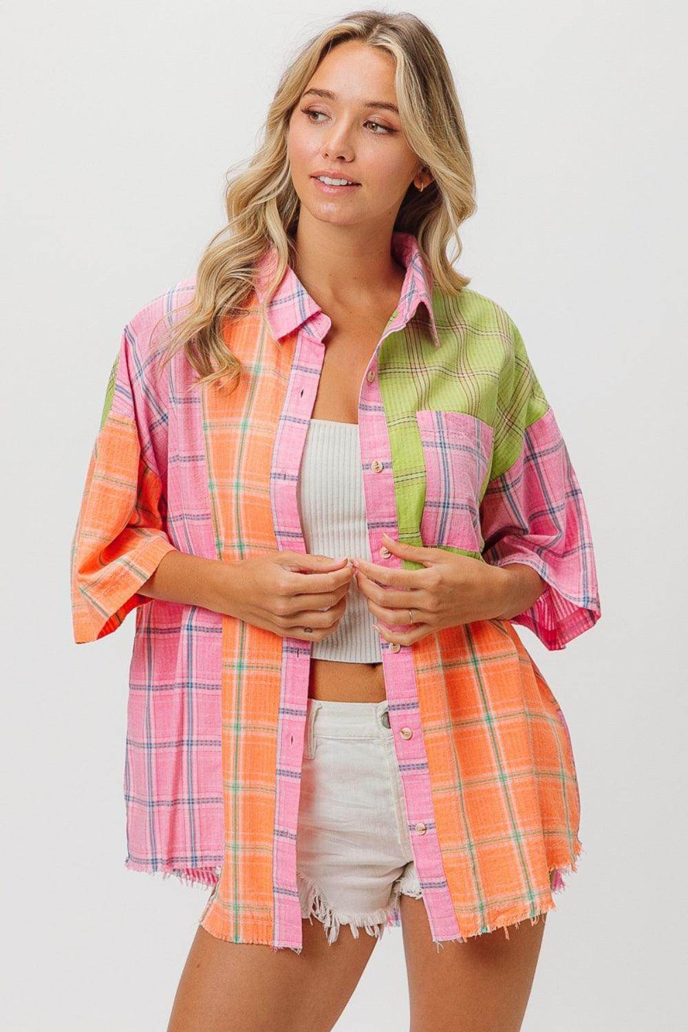 BiBi Plaid Collared Neck Half Sleeve Shirt for Women