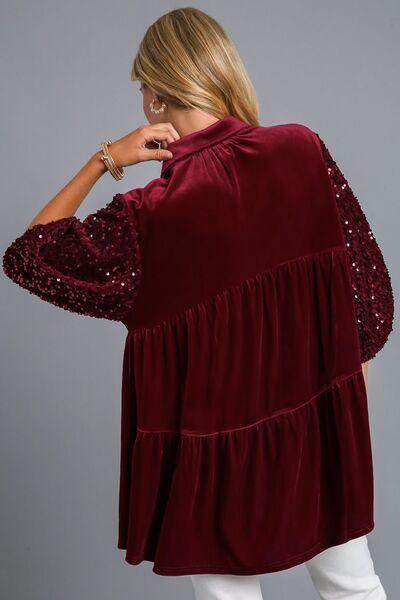 Umgee Sequin Detail Tiered Back Half Sleeve Shirt for Women