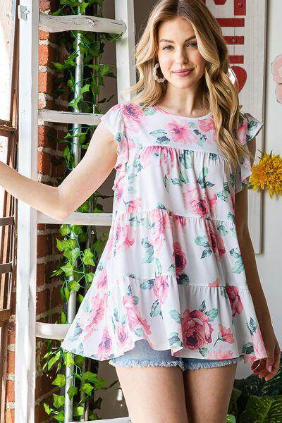 Heimish Full Size Butterfly Short Sleeve Floral Tiered Top