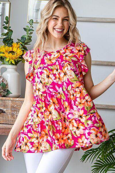 Heimish Full Size Butterfly Sleeve Floral Tiered Top Plus Size